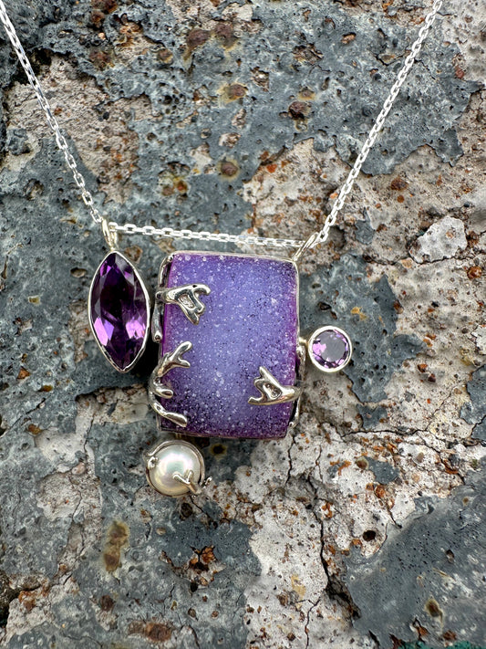Light Purple Druzy & Pearl & Amethyst Sterling Silver Necklace