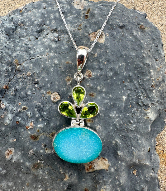 Green Druzy & Peridot Sterling Silver Necklace