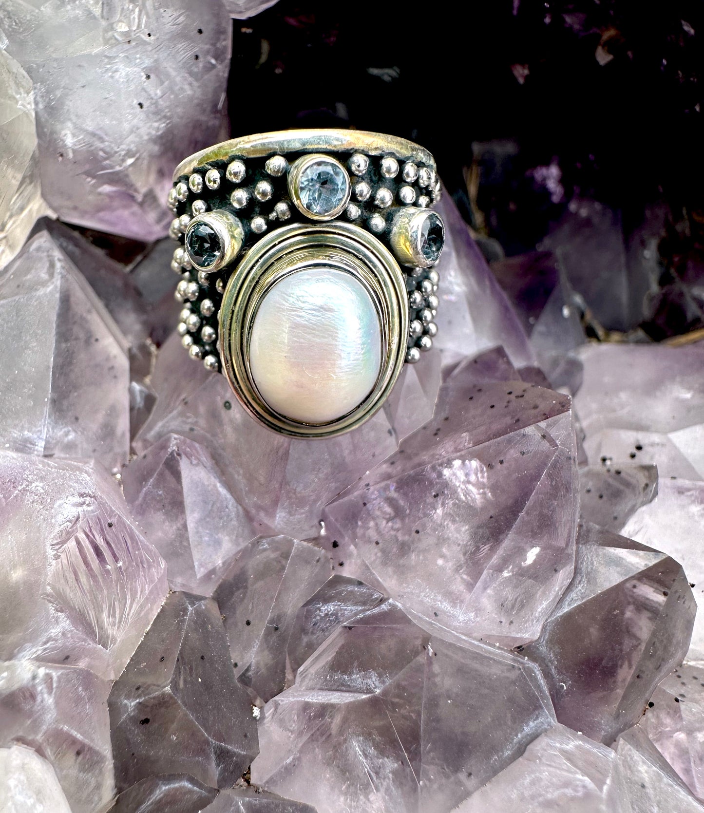 Wide Pearl & 3 Blue Topaz Sterling Silver Ring