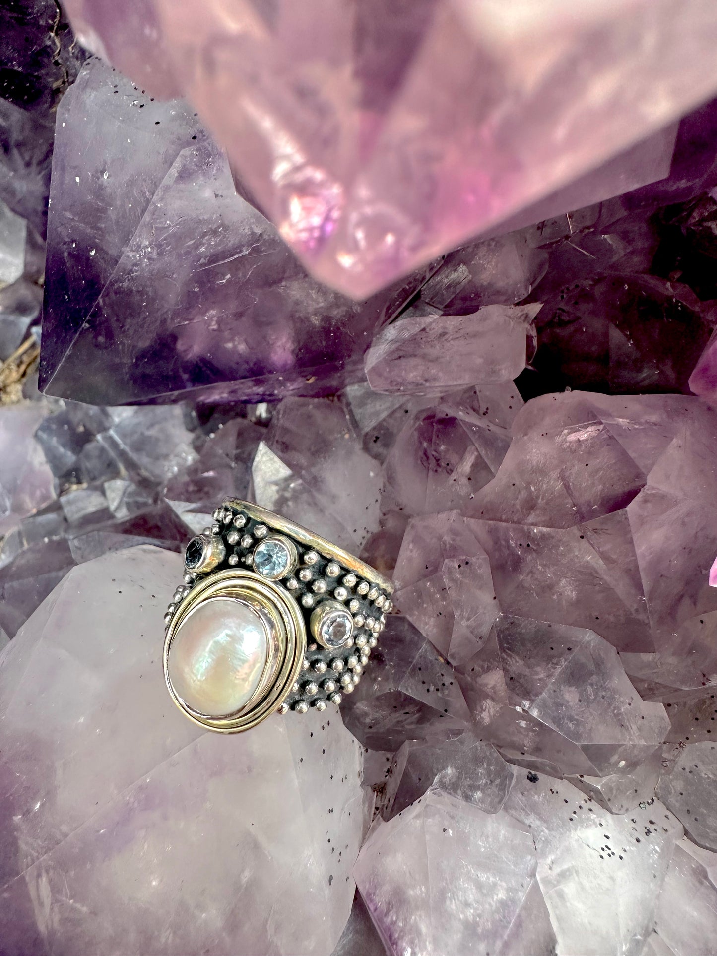 Wide Pearl & 3 Blue Topaz Sterling Silver Ring