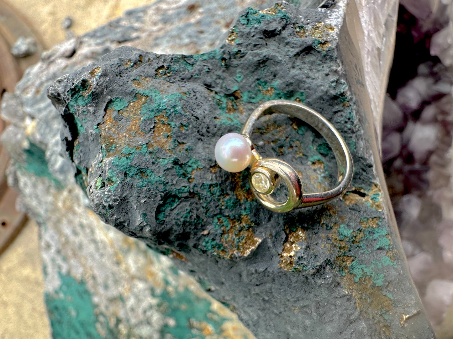 Pearl C.Z. in Circle Sterling Silver Ring