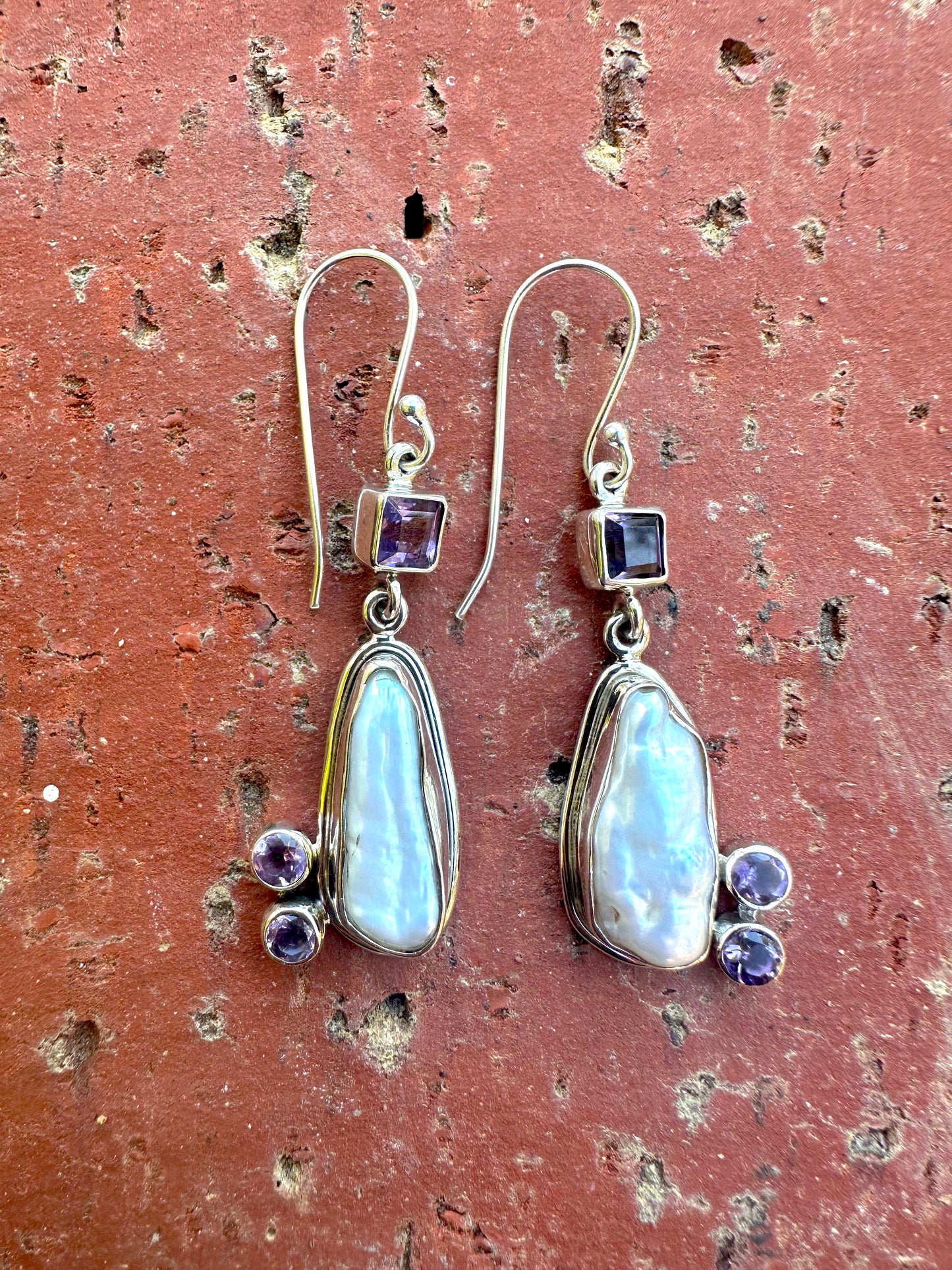 Long Biwa Pearls & Amethyst Sterling Earrings