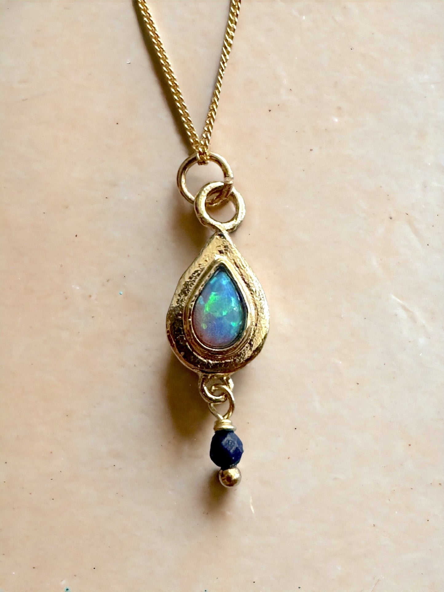 Teardrop Opal & Lapis Gold Plated Over Sterling Pendant Gold Filled Chain