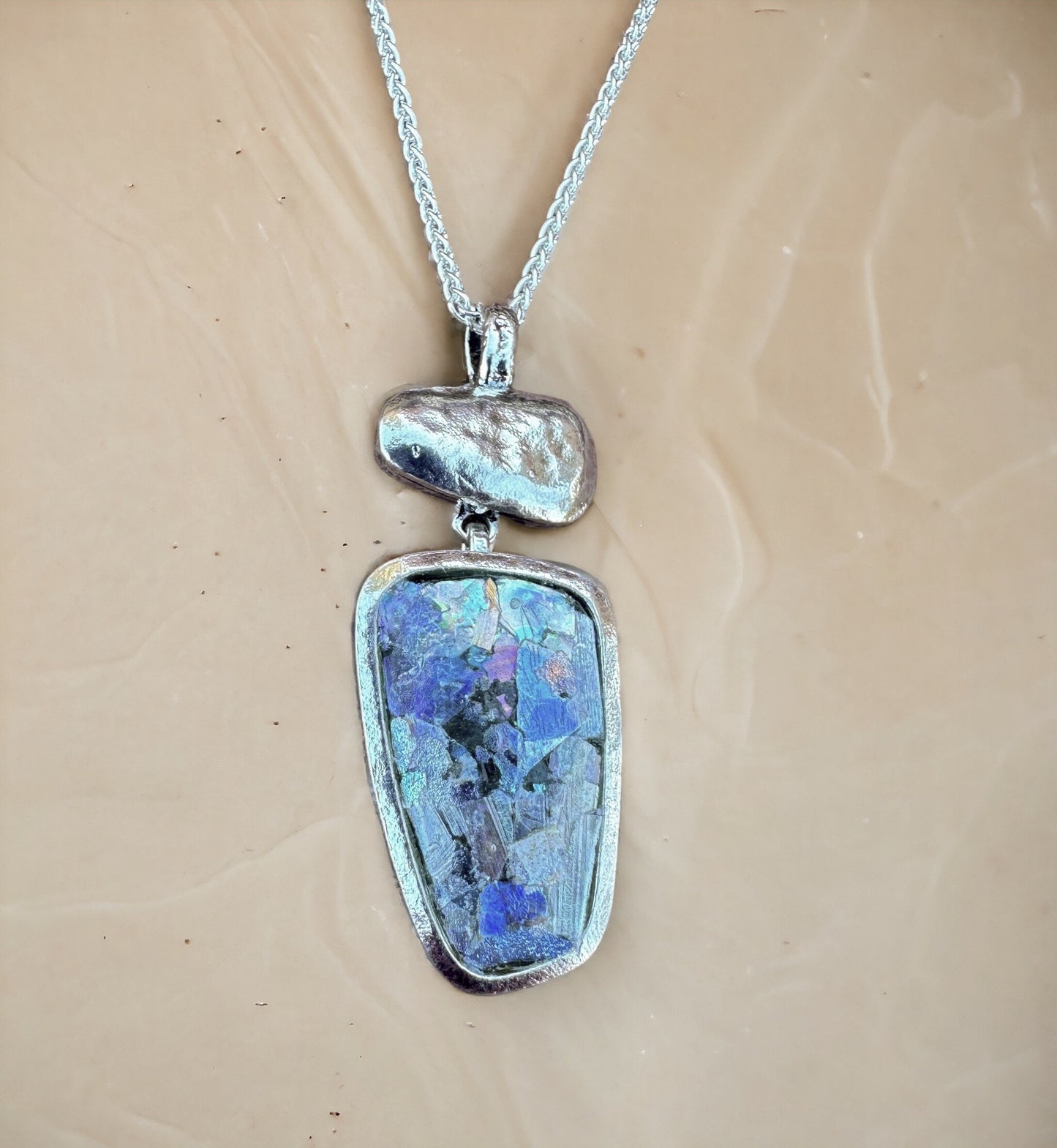 Rectangle on Top of Oval Ancient Roman Glass Sterling Silver Necklace