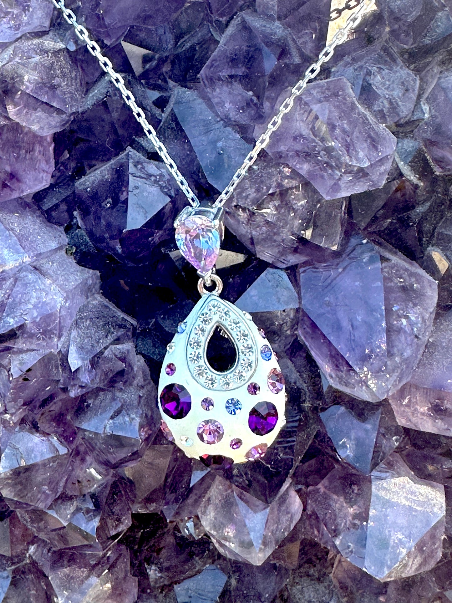 White & Purple Studs Austrian Crystal Sterling Silver Necklace