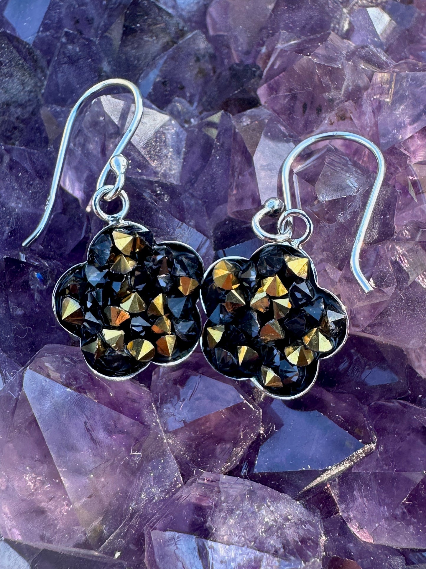 Brown & Gold Black Rock Austrian Crystal Sterling Silver Flower Earrings