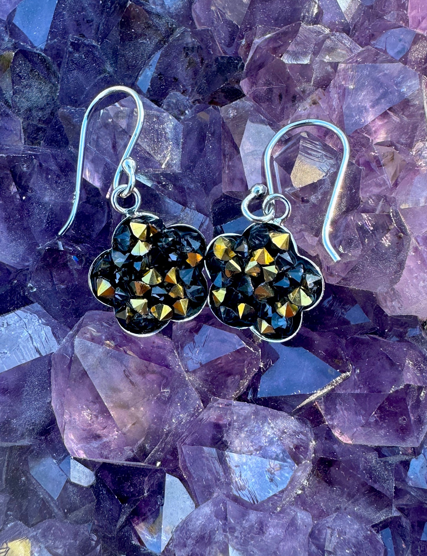 Brown & Gold Black Rock Austrian Crystal Sterling Silver Flower Earrings