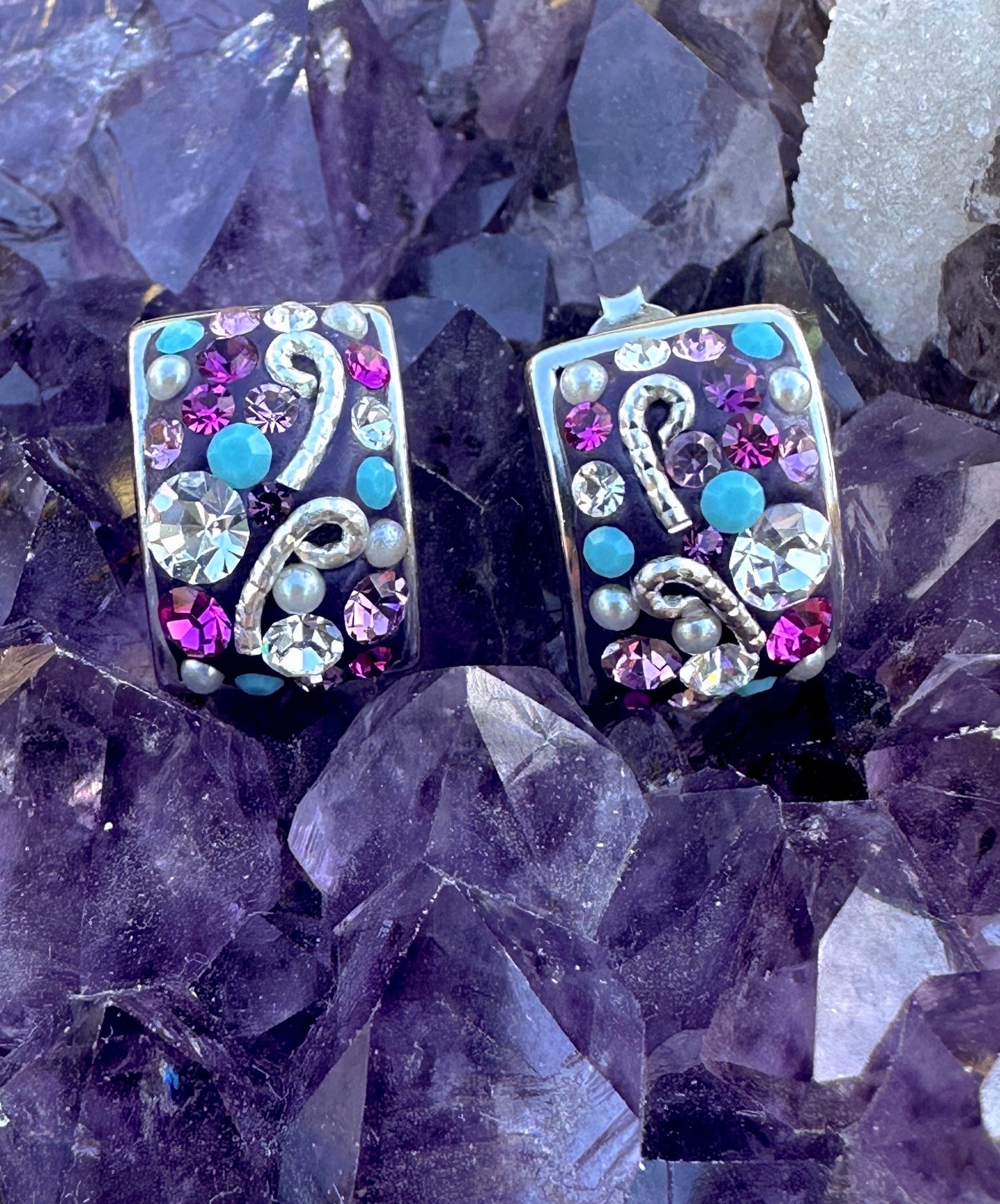 Pink & Turquoise & Clear Austrian Crystal Sterling Silver Post Earrings