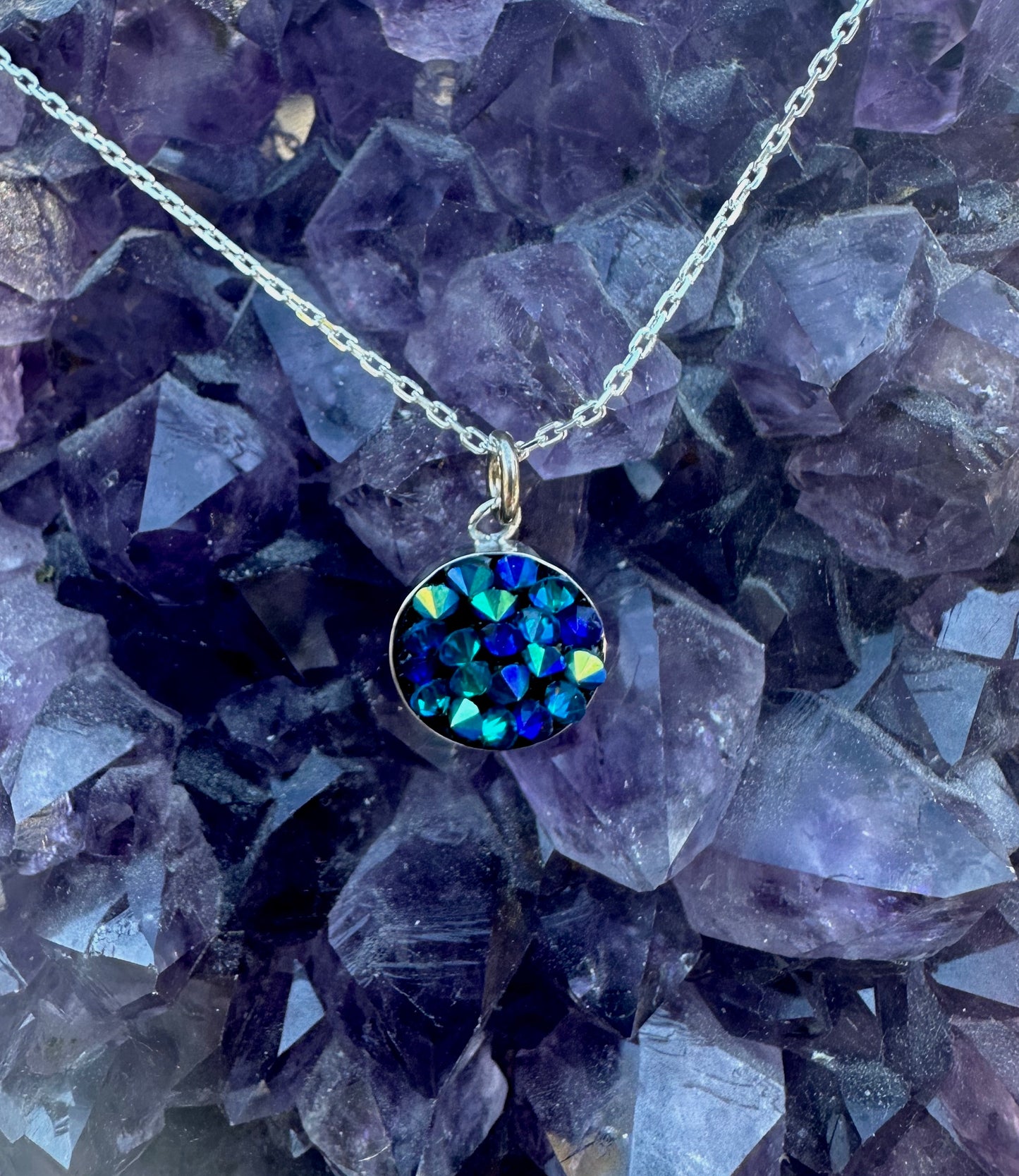 Blue & Green Austrian Crystal Sterling Silver Small Round Necklace
