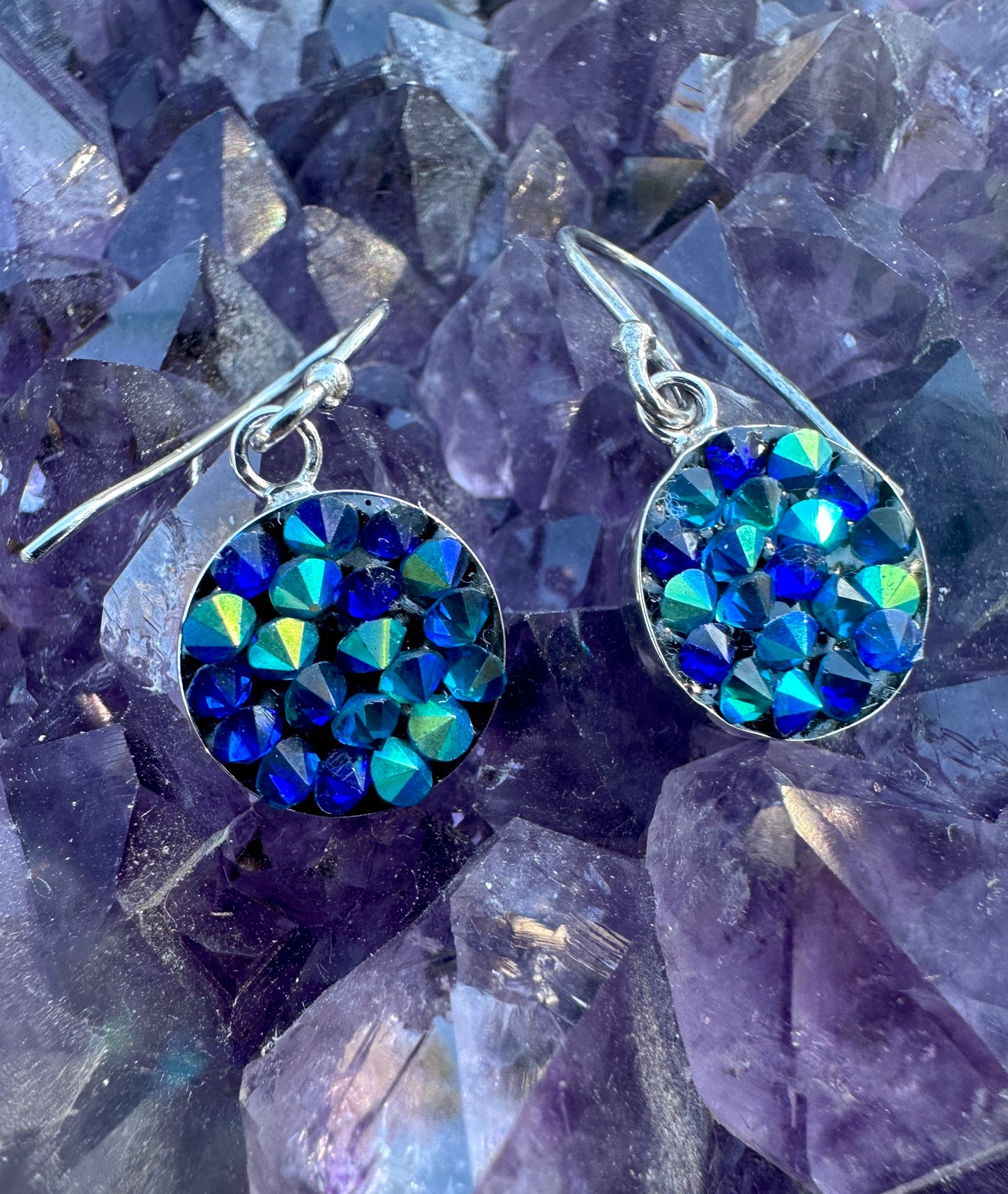 Blue & Green Austrian Crystal Small Round Sterling Silver Earrings