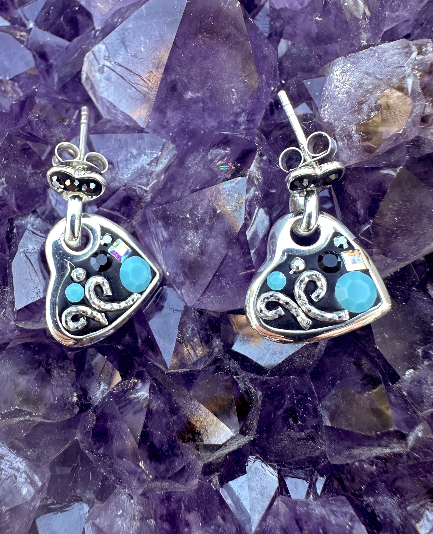 Black & Turquoise Austrian Crystal Sterling Silver Heart Earrings