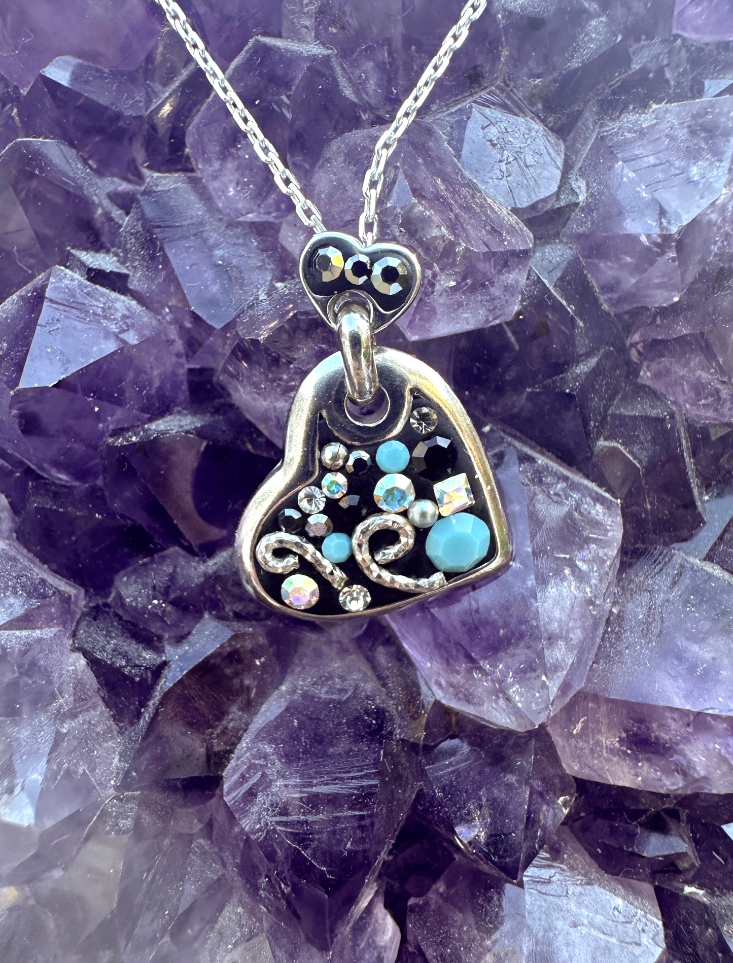 Black & Turquoise Austrian Crystal Sterling Silver Heart Necklace