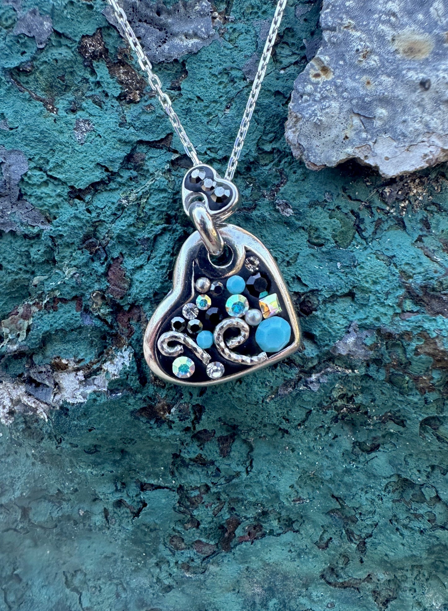 Black & Turquoise Austrian Crystal Sterling Silver Heart Necklace