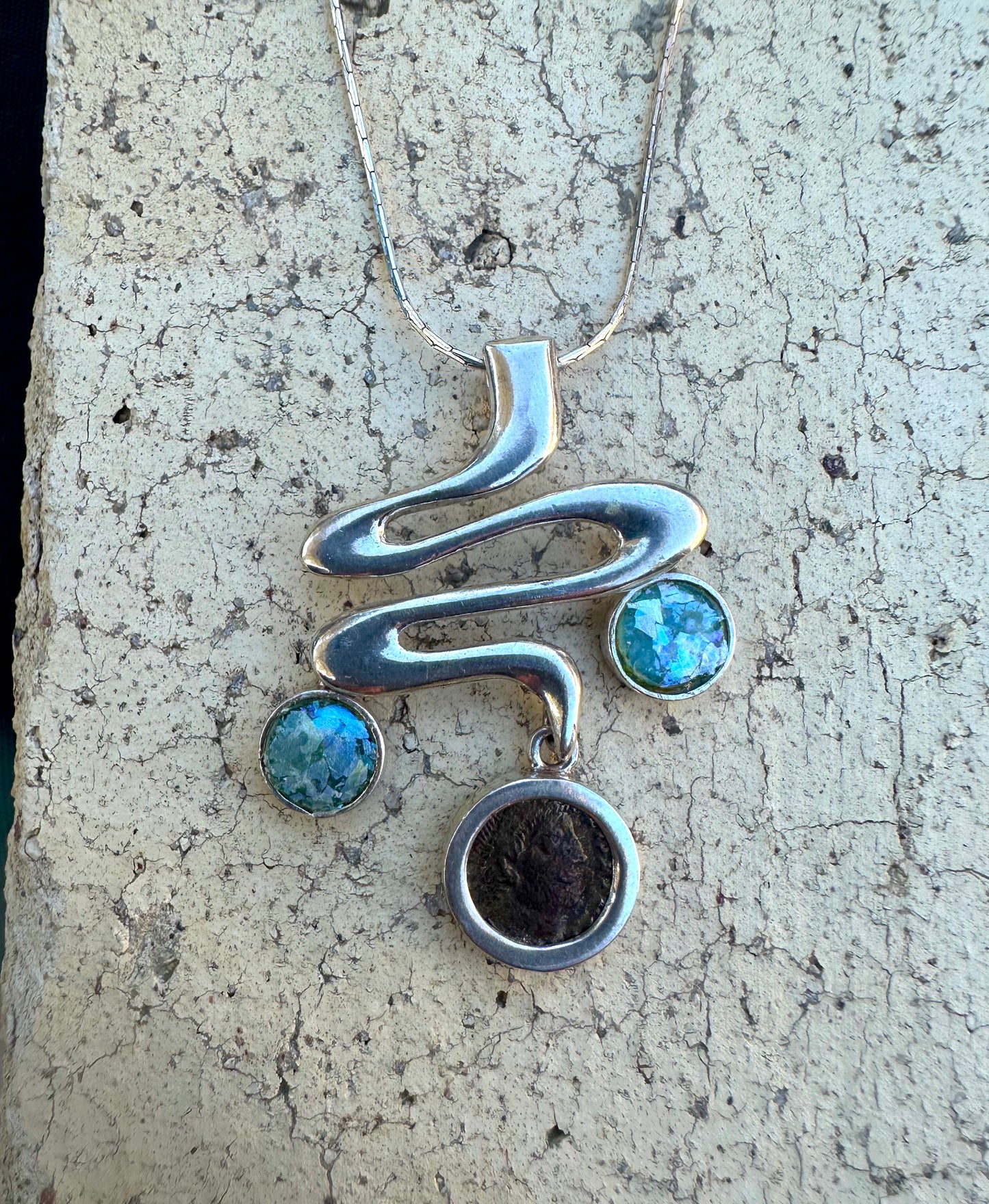 Ancient Roman Coin & Roman Glass Sterling Silver Necklace