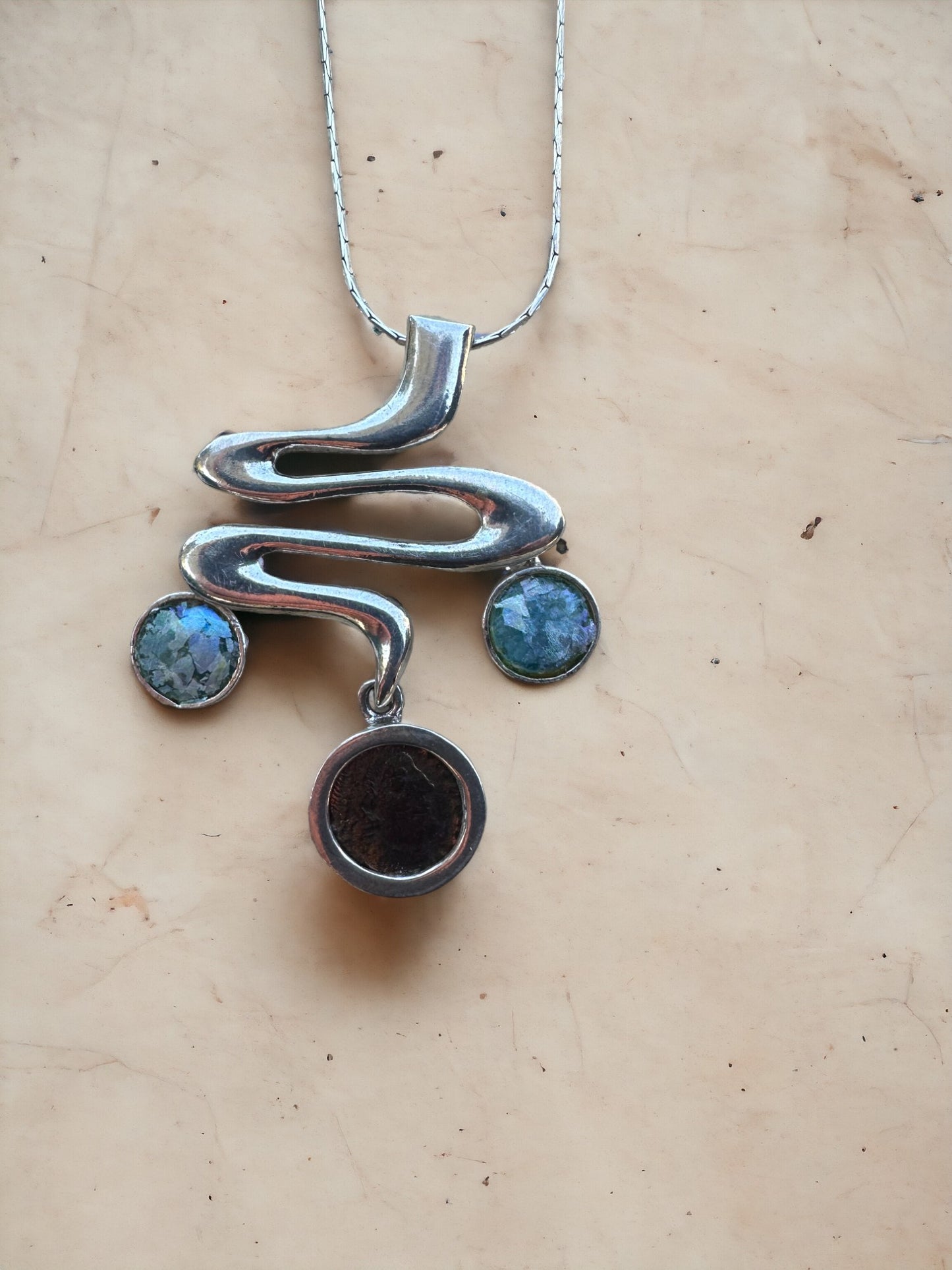 Ancient Roman Coin & Roman Glass Sterling Silver Necklace