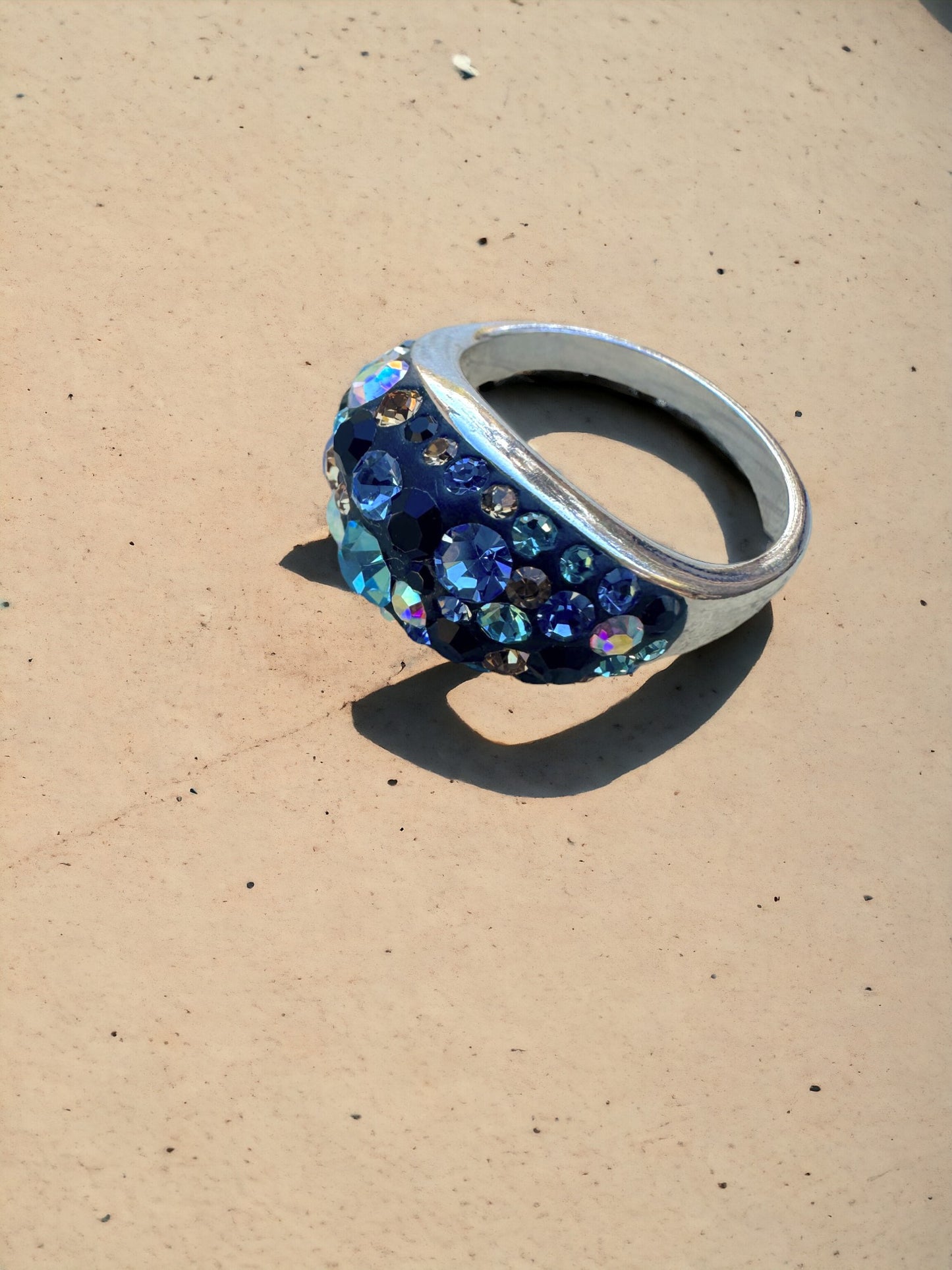 Blues & Tan Austrian Crystal Sterling Silver Ring
