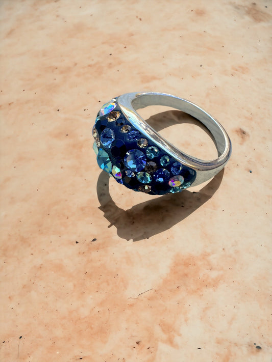 Blues & Tan Austrian Crystal Sterling Silver Ring