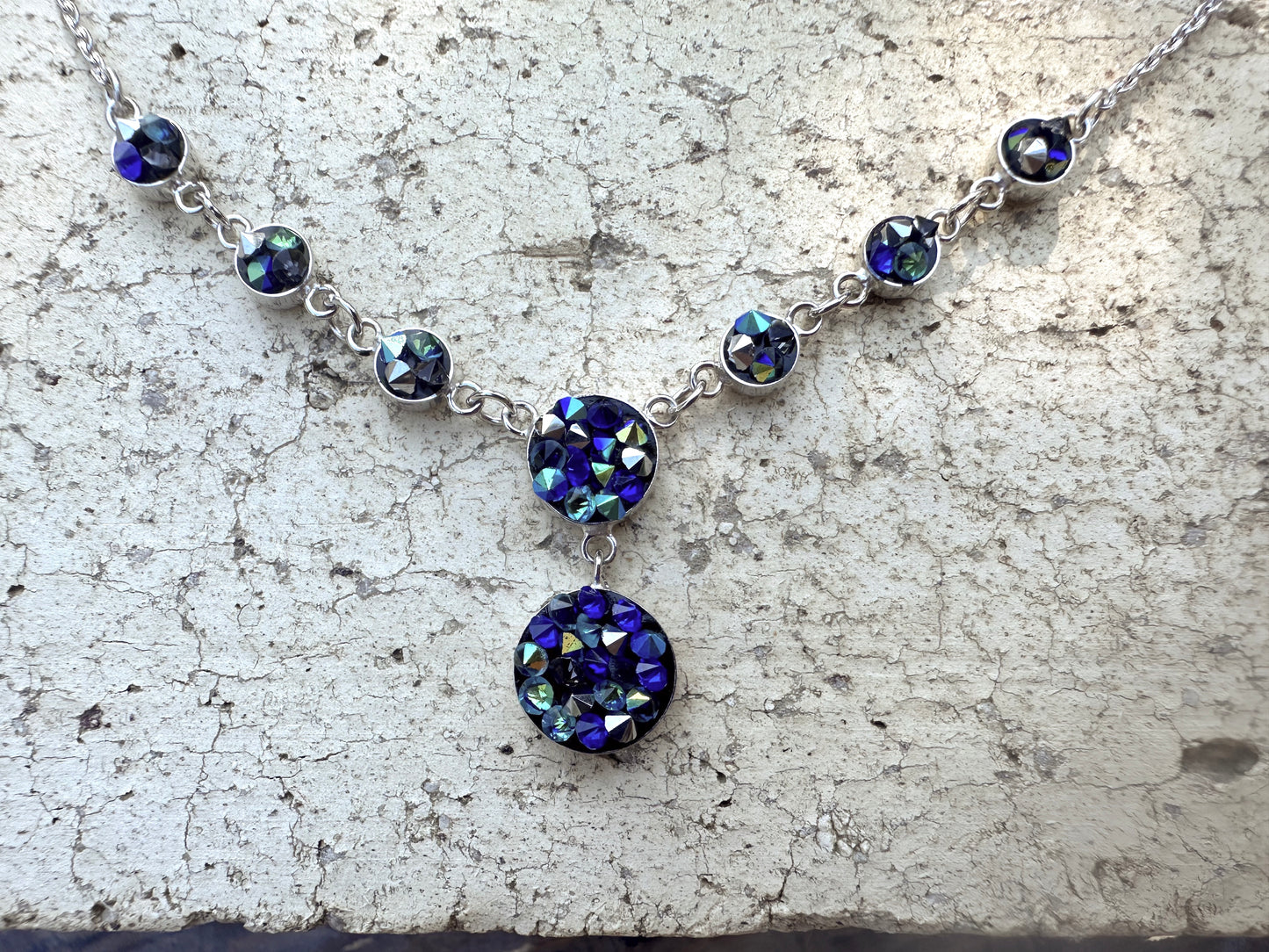 Blue & Green 8 Parts Austrian Crystal Sterling Silver Necklace