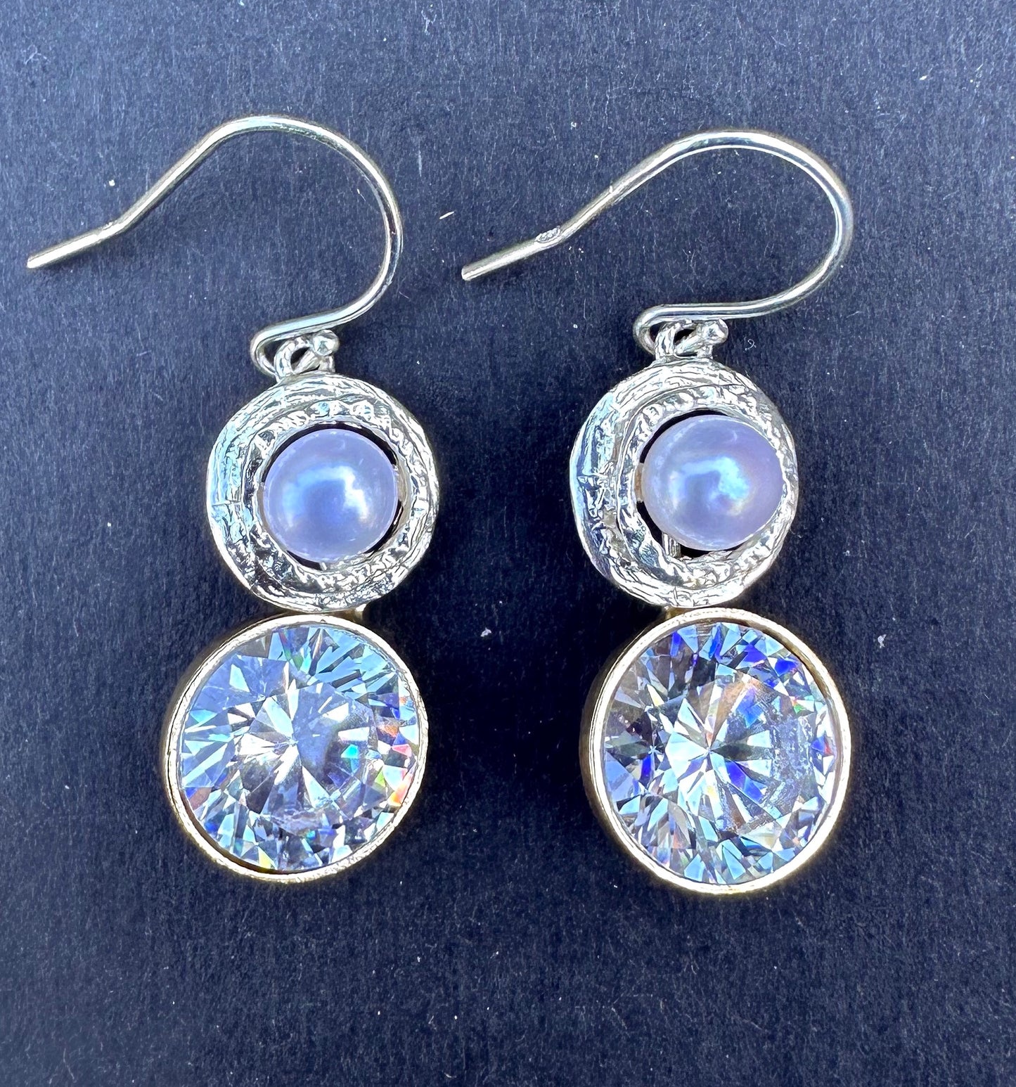 Two Parts Round Sterling Pearl on Top of Big Round Gold Plated C.Z. Earrings