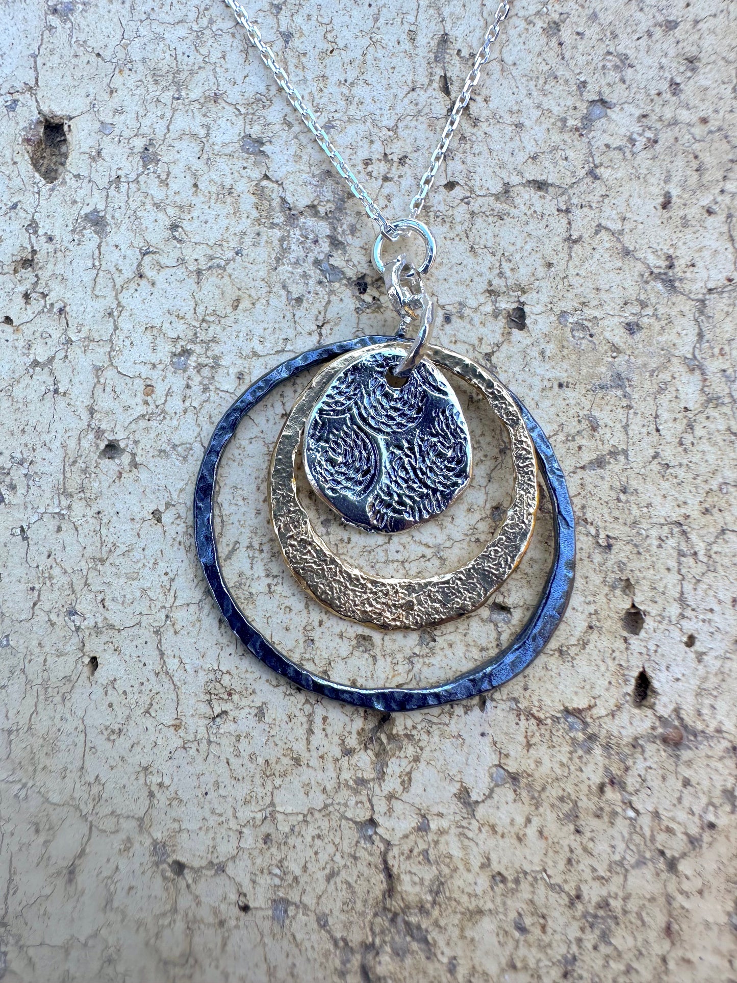 3 Circles, 2 Oxidized Circles & Gold Plated Circle Necklace