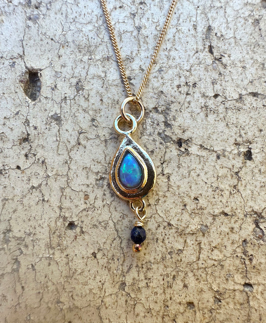 Teardrop Opal & Lapis Gold Plated Over Sterling Pendant Gold Filled Chain