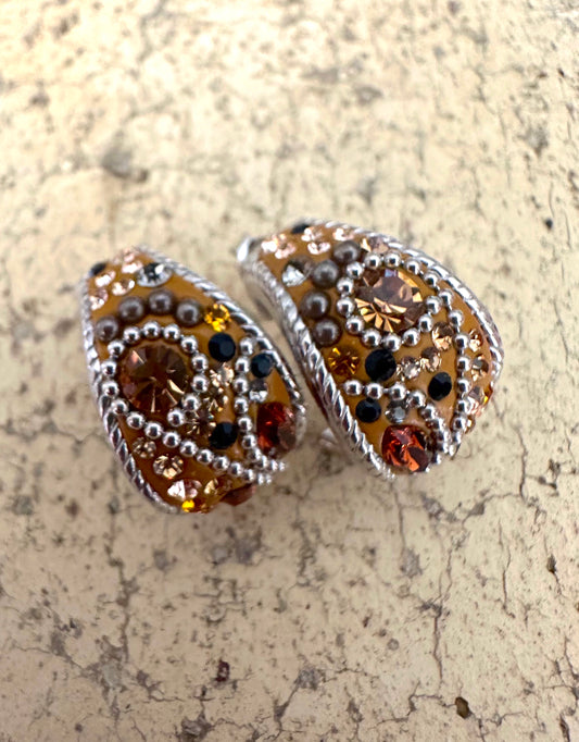 Orange & Brown Austrian Crystal Sterling Silver Hoop Post Earrings
