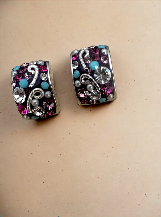 Pink & Turquoise & Clear Austrian Crystal Sterling Silver Post Earrings