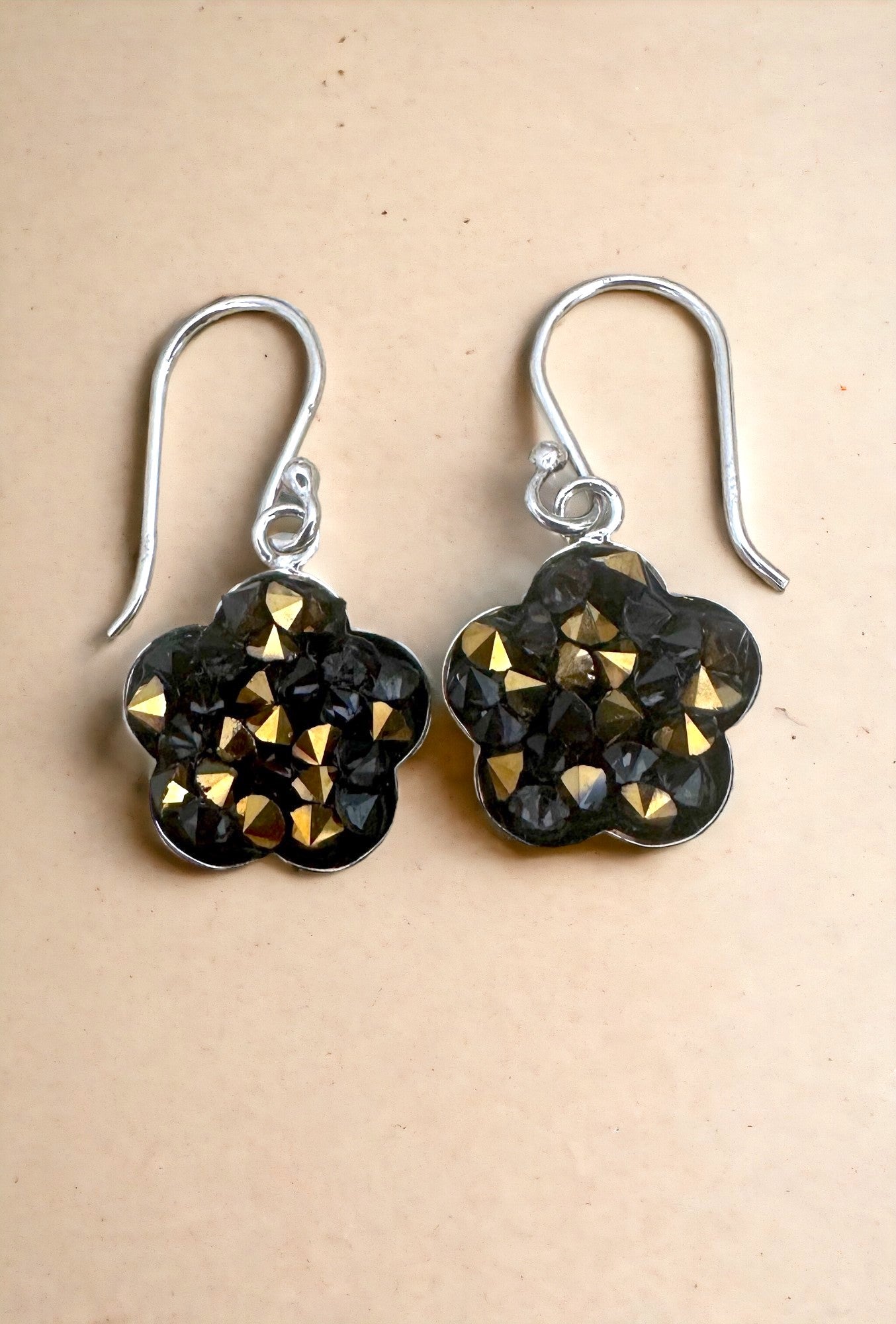 Brown & Gold Black Rock Austrian Crystal Sterling Silver Flower Earrings