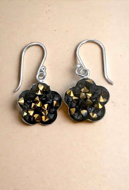Brown & Gold Black Rock Austrian Crystal Sterling Silver Flower Earrings