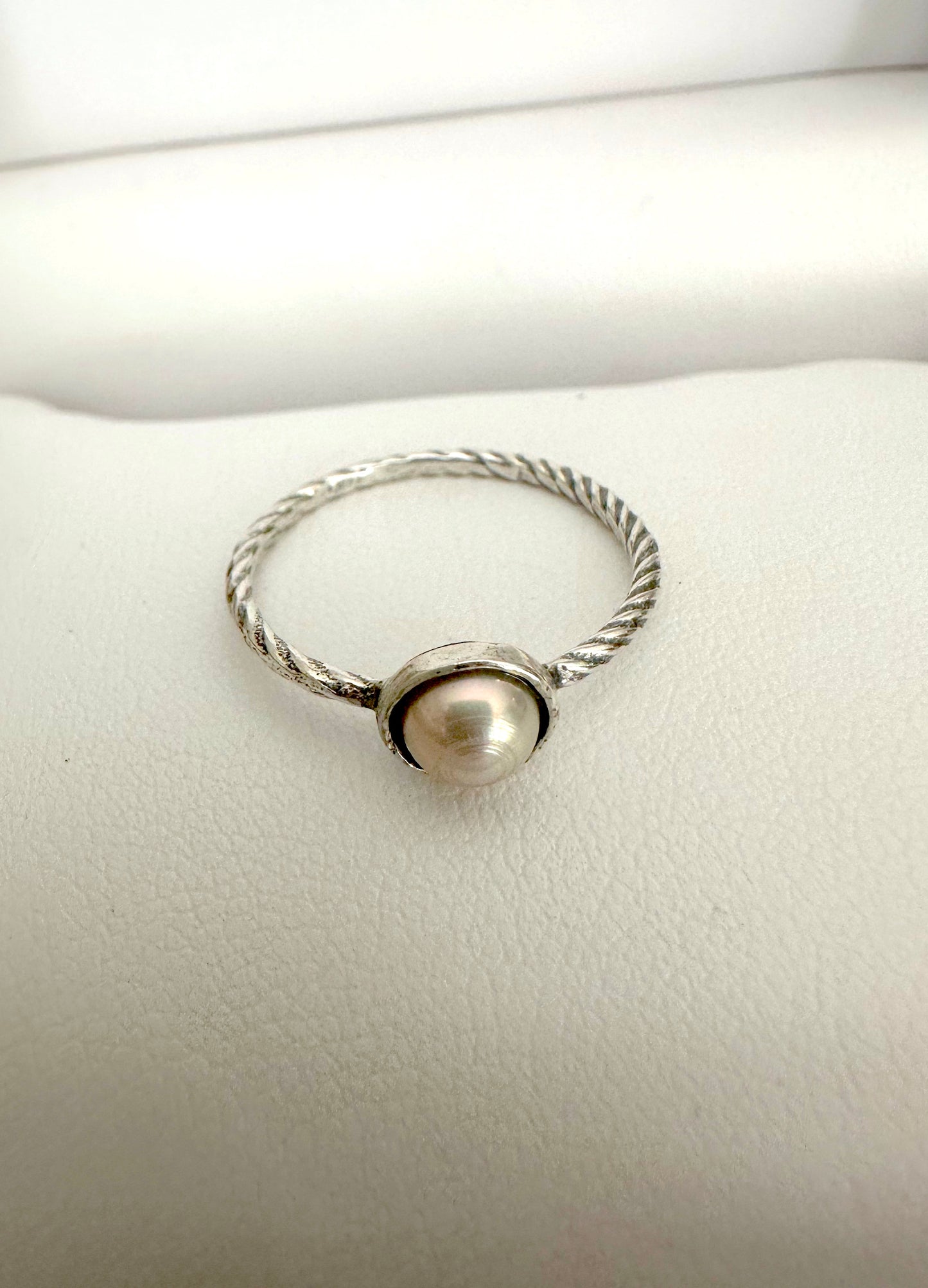 White Pearl Thin Sterling Silver Ring