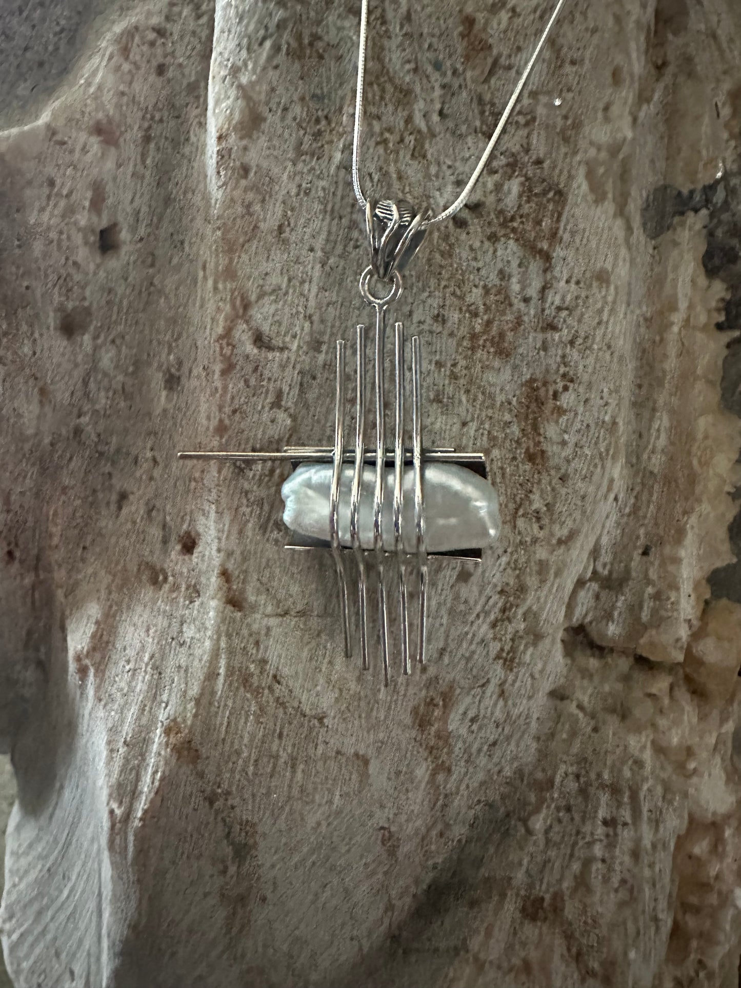 Biwa Pearl Cover with 5 Sterling Lines Sterling Silver Necklace