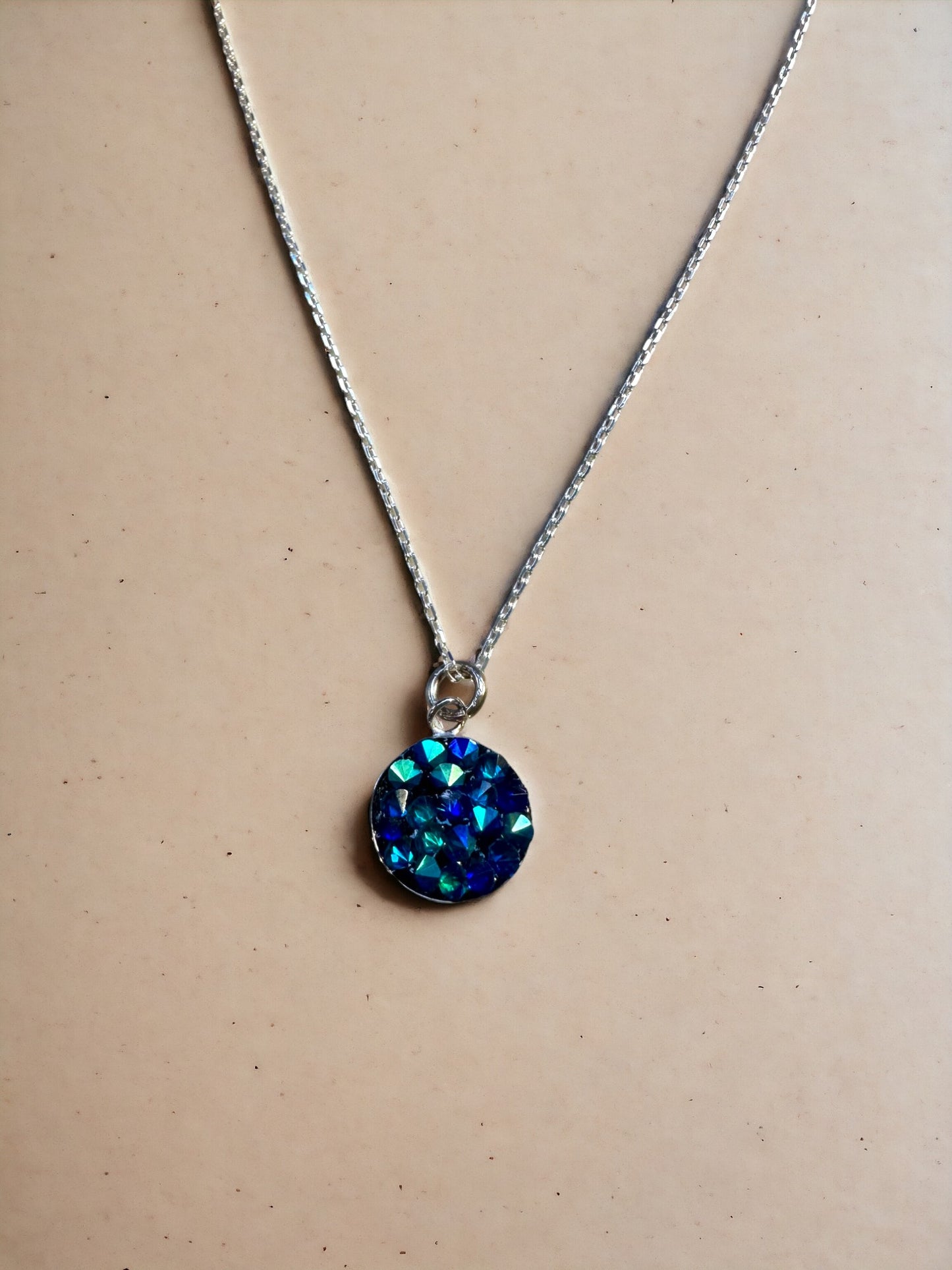 Blue & Green Austrian Crystal Sterling Silver Small Round Necklace