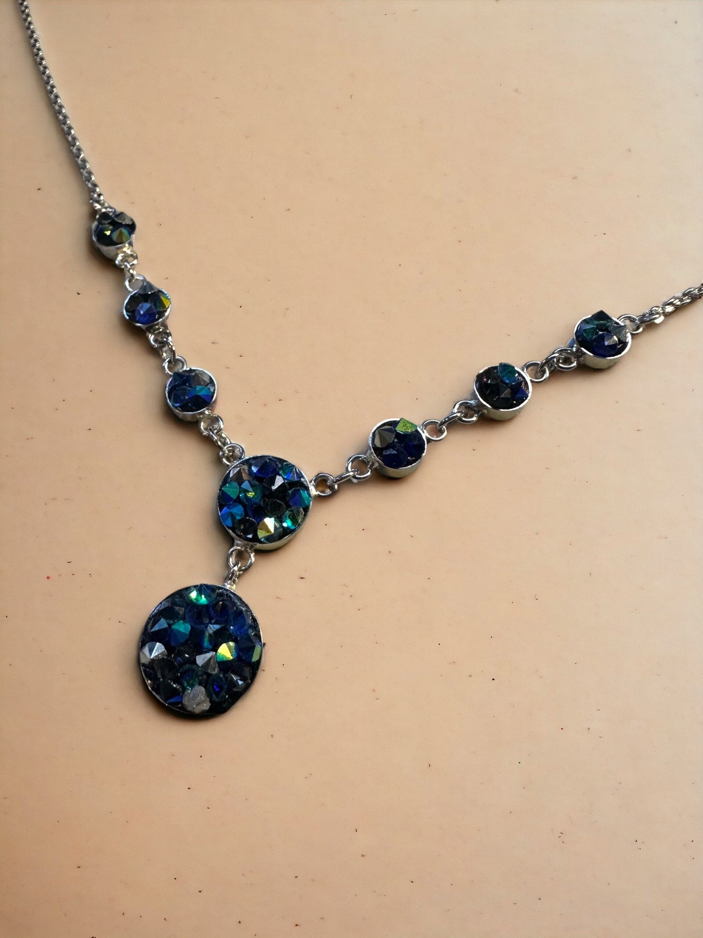 Blue & Green 8 Parts Austrian Crystal Sterling Silver Necklace