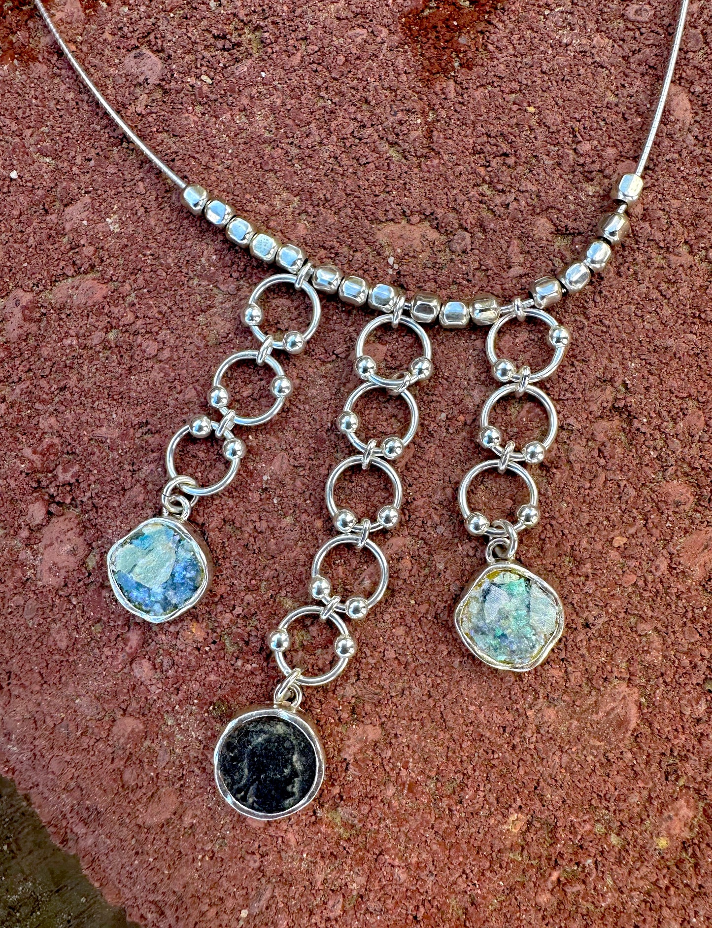 Ancient Roman Glass & Roman Coin Sterling Silver Necklace