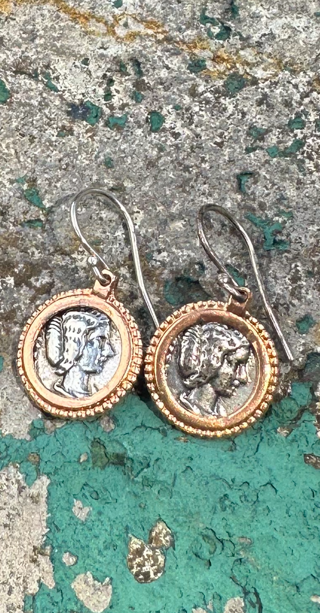 Rose Gold Plated Over Sterling Silver Reproduction Roman Coin Round Portrait with Sterling Silver Frame Earrings