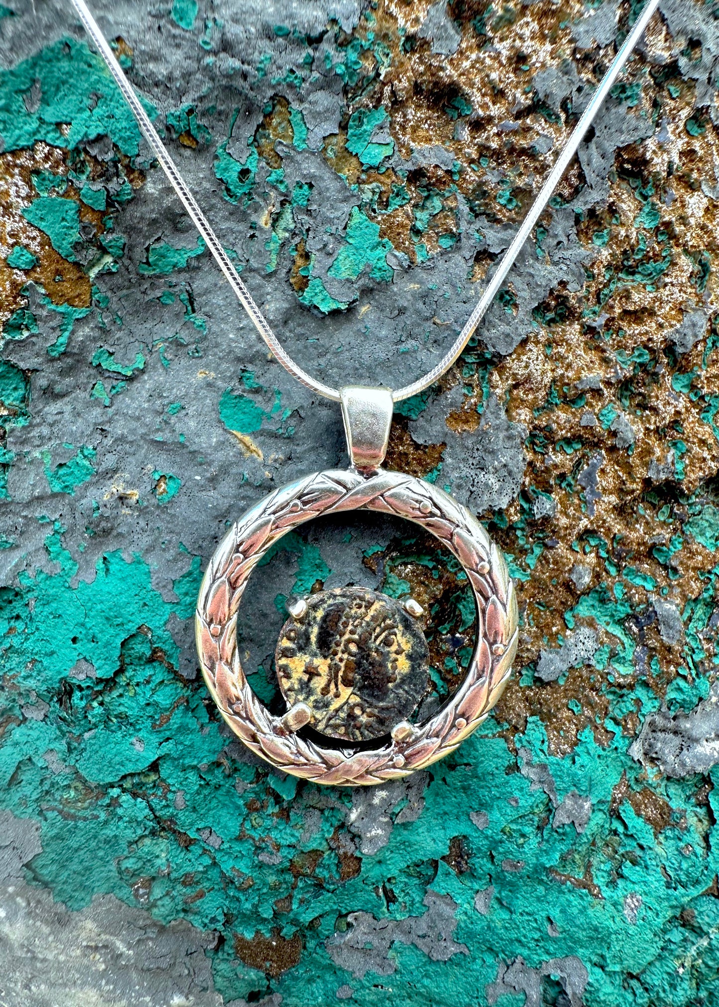 Sterling Silver Wreath & Ancient Roman Coin Pendant on Snake Chain