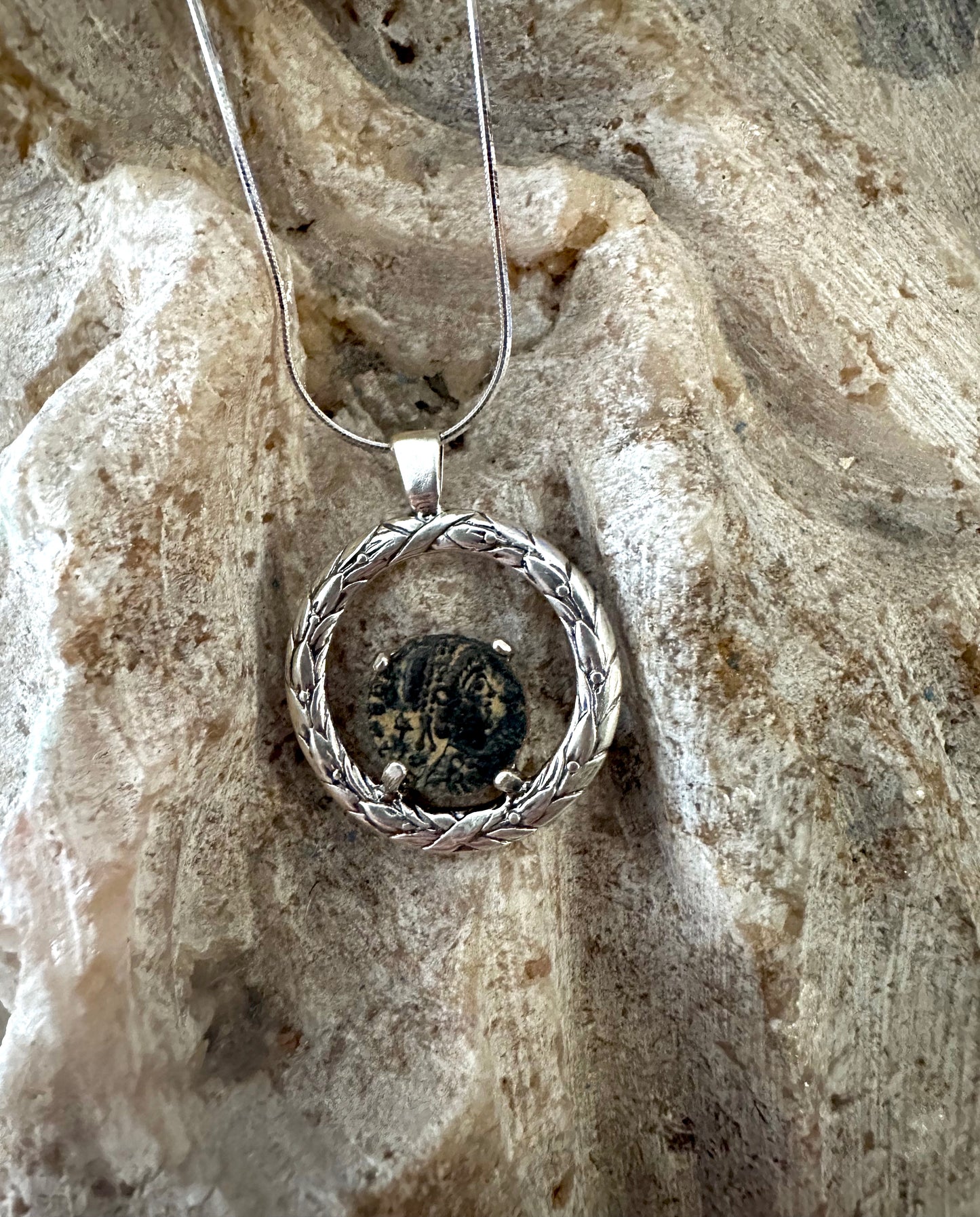 Sterling Silver Wreath & Ancient Roman Coin Pendant on Snake Chain