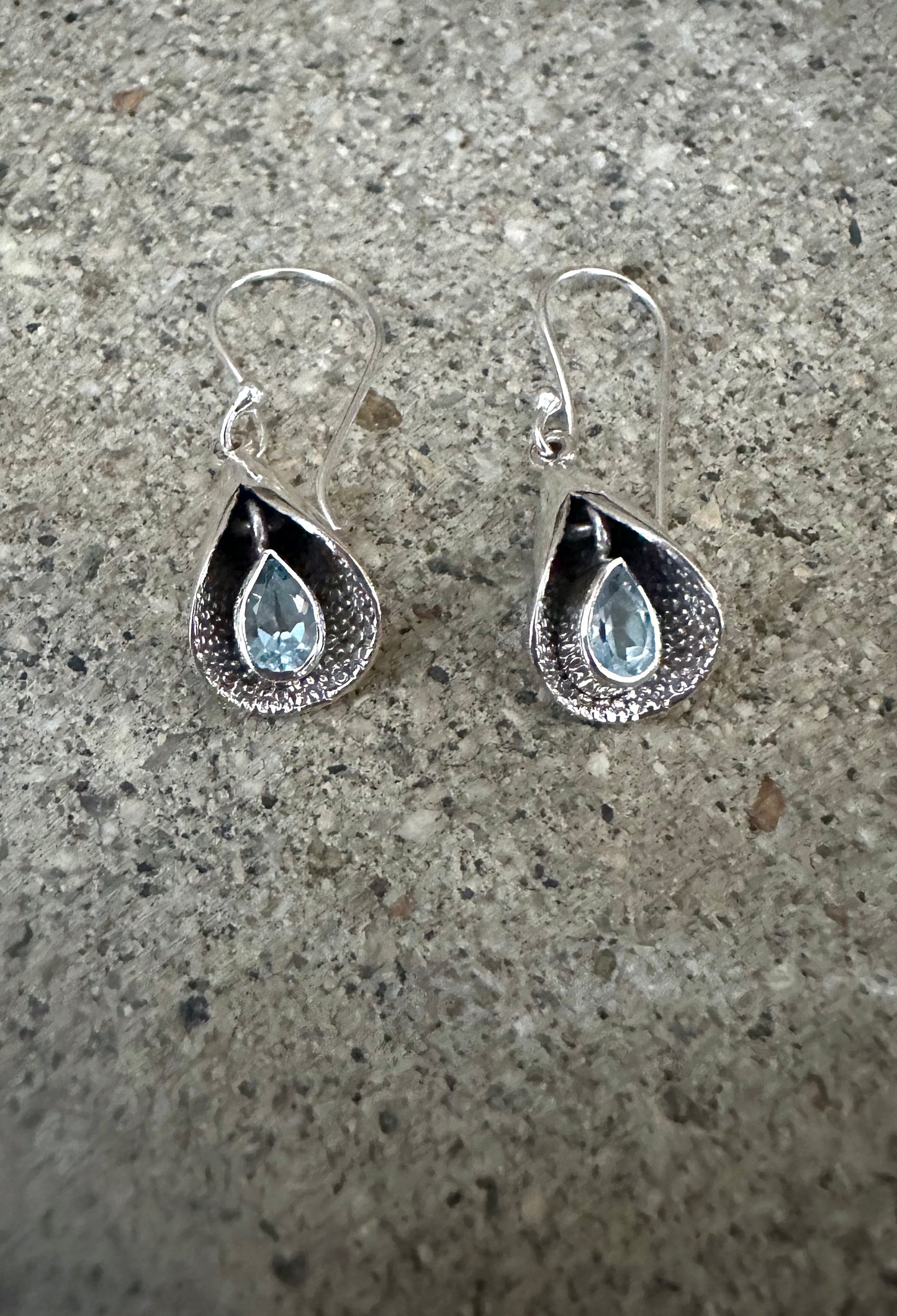 Blue Topaz Oxidized Leaf Sterling Silver Earrings