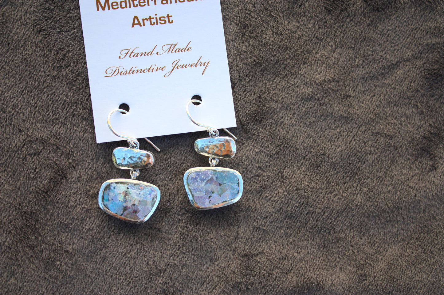 Ancient Roman Glass Hammered Sterling Silver Earrings