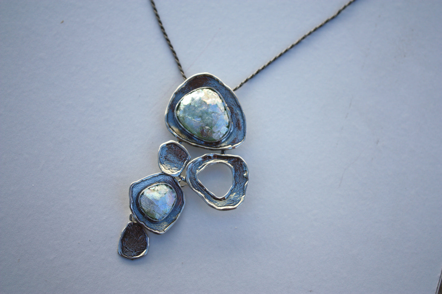 Ancient Roman Glass Freeform Hanging Sterling Silver Necklace