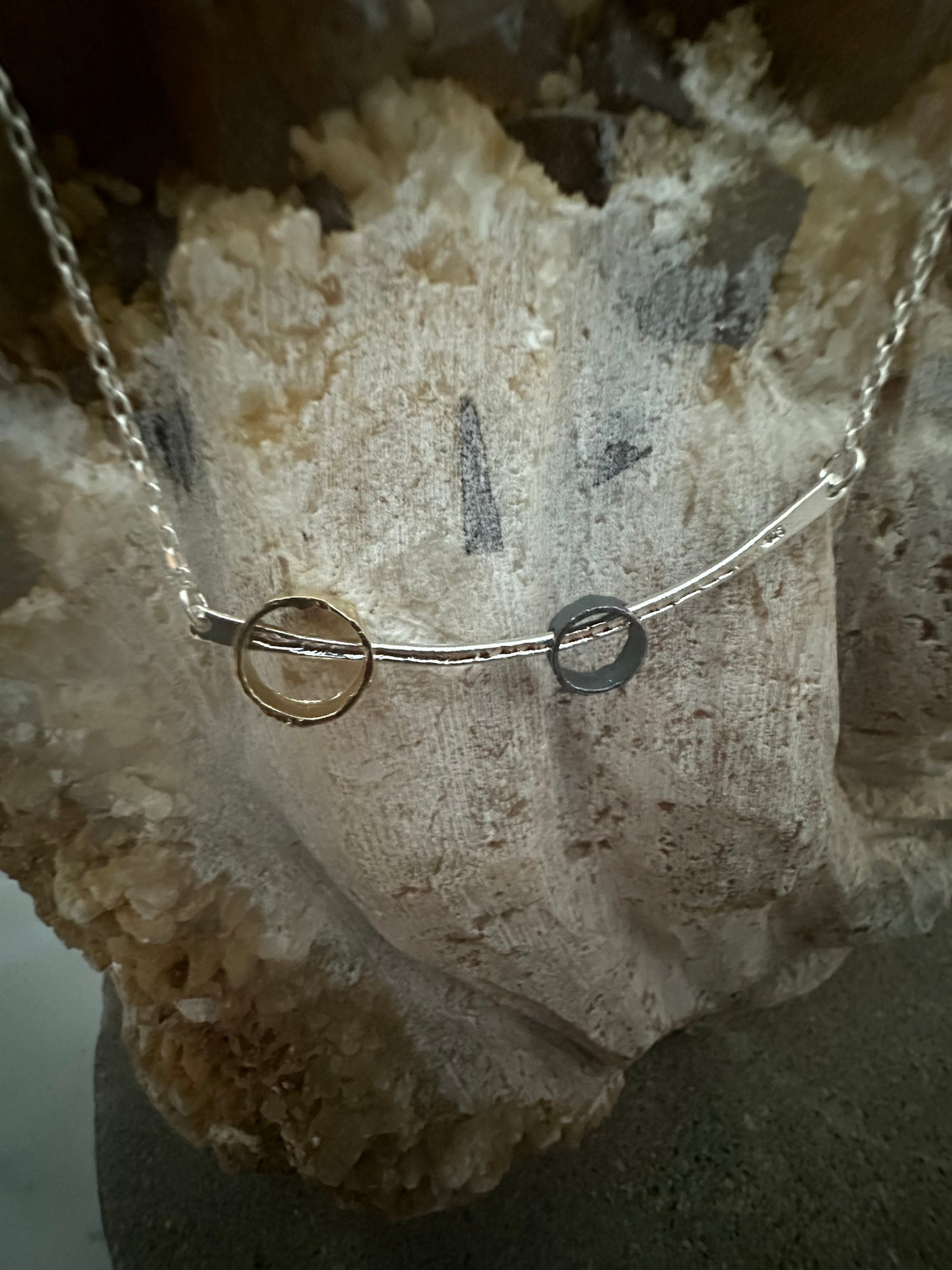 Silver Wire & Gold Plated & Oxidized Circles Sterling Silver Necklace