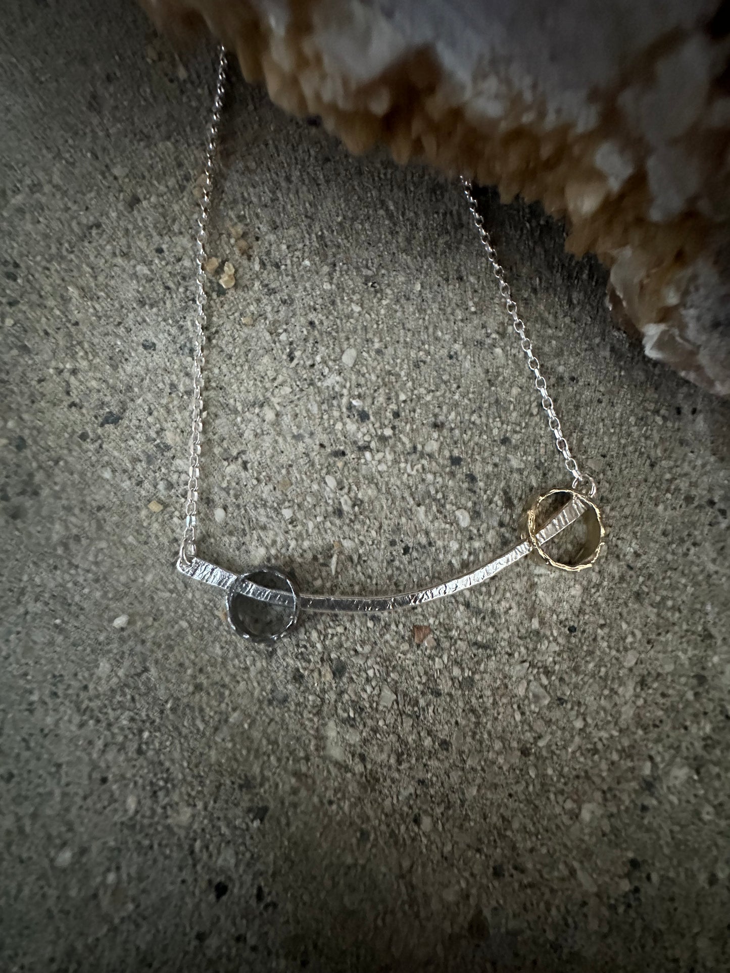 Silver Wire & Gold Plated & Oxidized Circles Sterling Silver Necklace