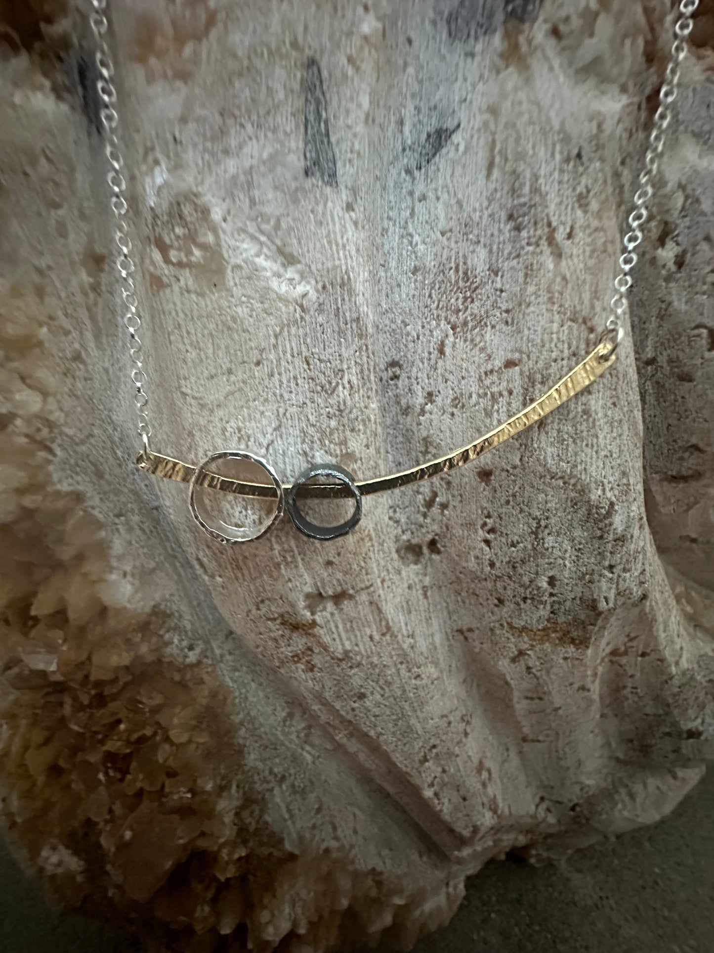 Gold Plated Wire & Gold Plated Oxidized & Sterling Circles Sterling Silver Necklace