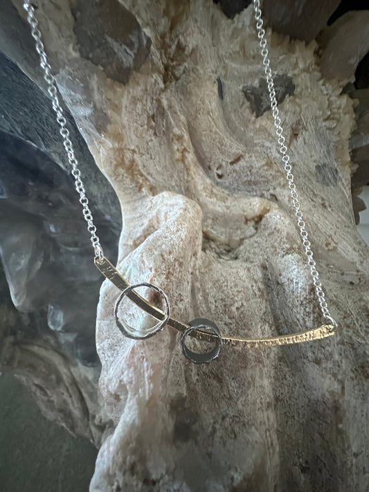 Gold Plated Wire & Gold Plated Oxidized & Sterling Circles Sterling Silver Necklace