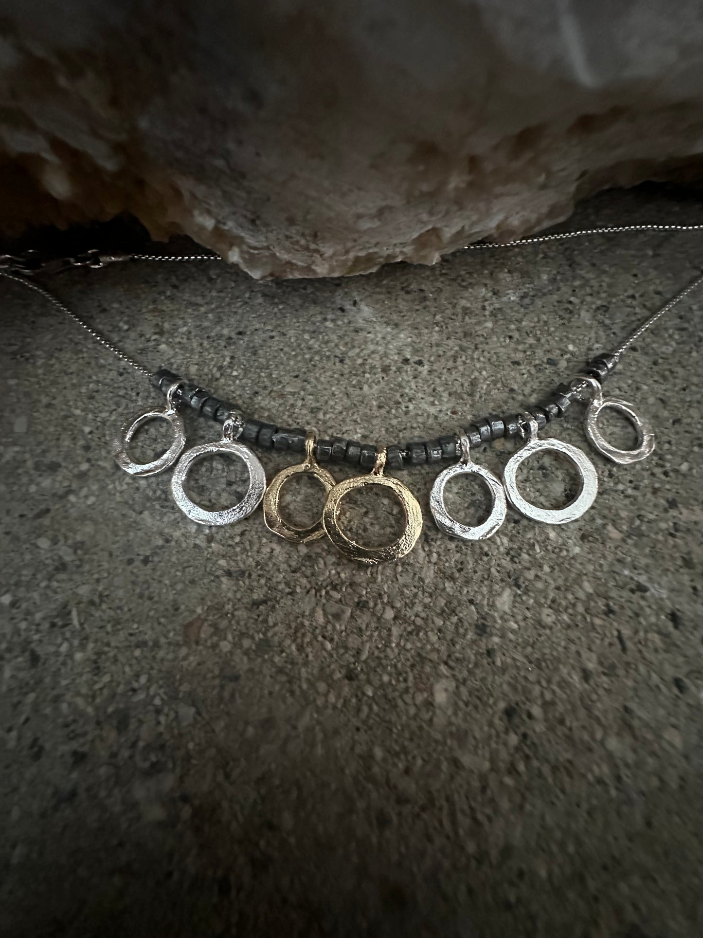 Gold Plated & Oxidized 7 Rounds with Beads Sterling Silver Necklace