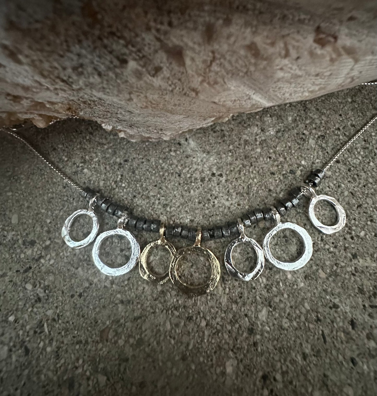Gold Plated & Oxidized 7 Rounds with Beads Sterling Silver Necklace