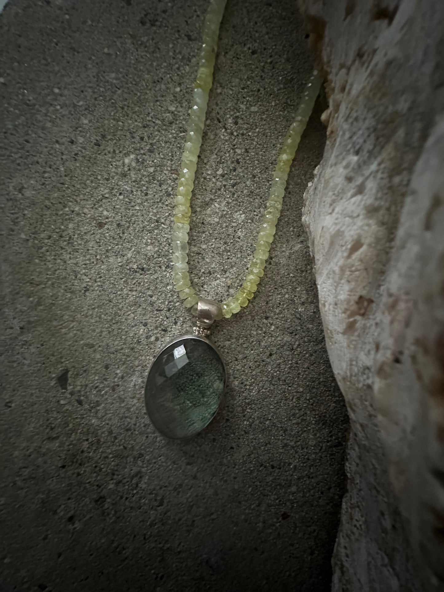 Big Light Green Obsidian Oval with Prehnite Beaded Sterling Silver Necklace