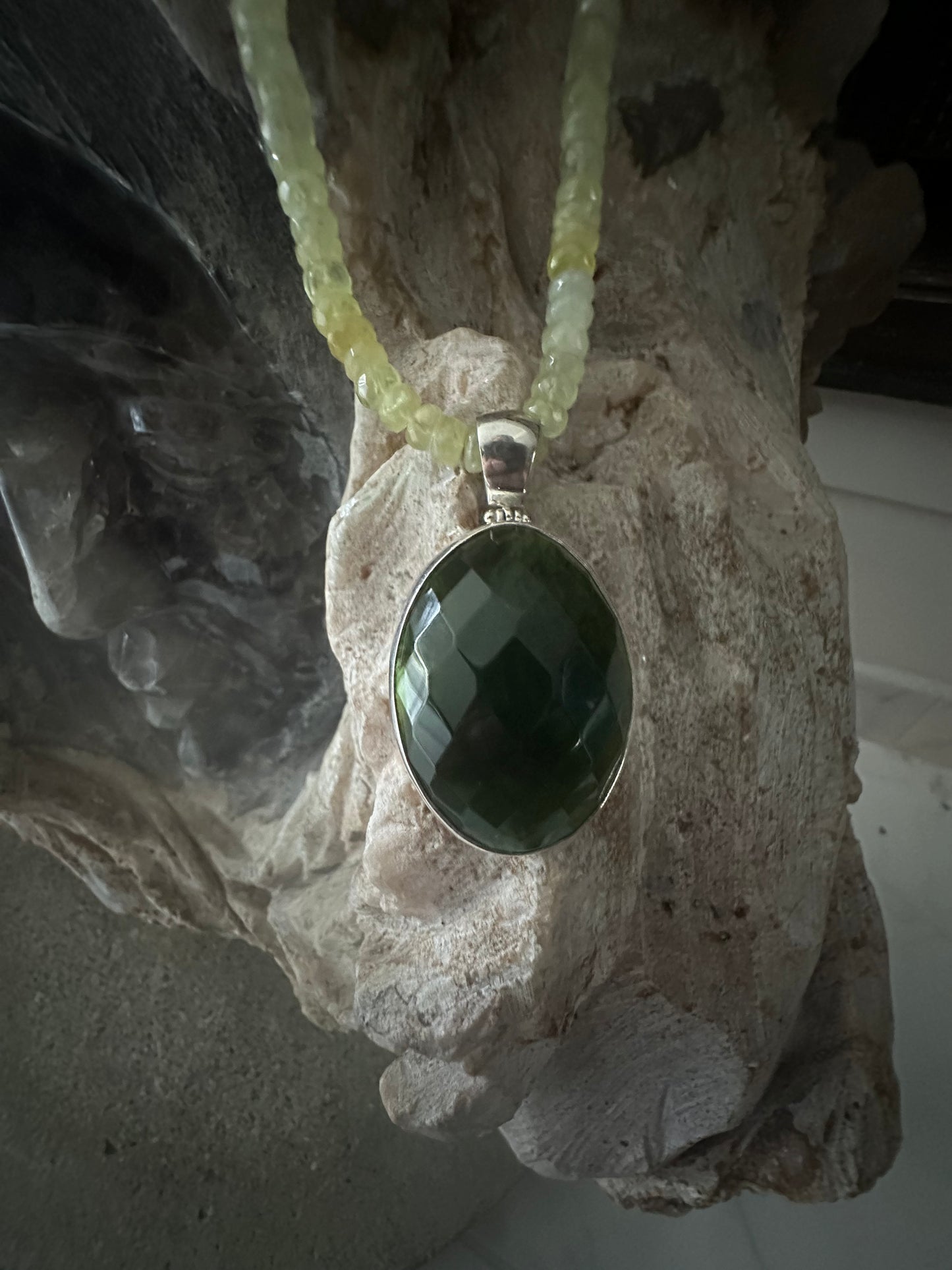 Big Dark Green Obsidian Oval with Prehnite Beaded Sterling Silver Necklace