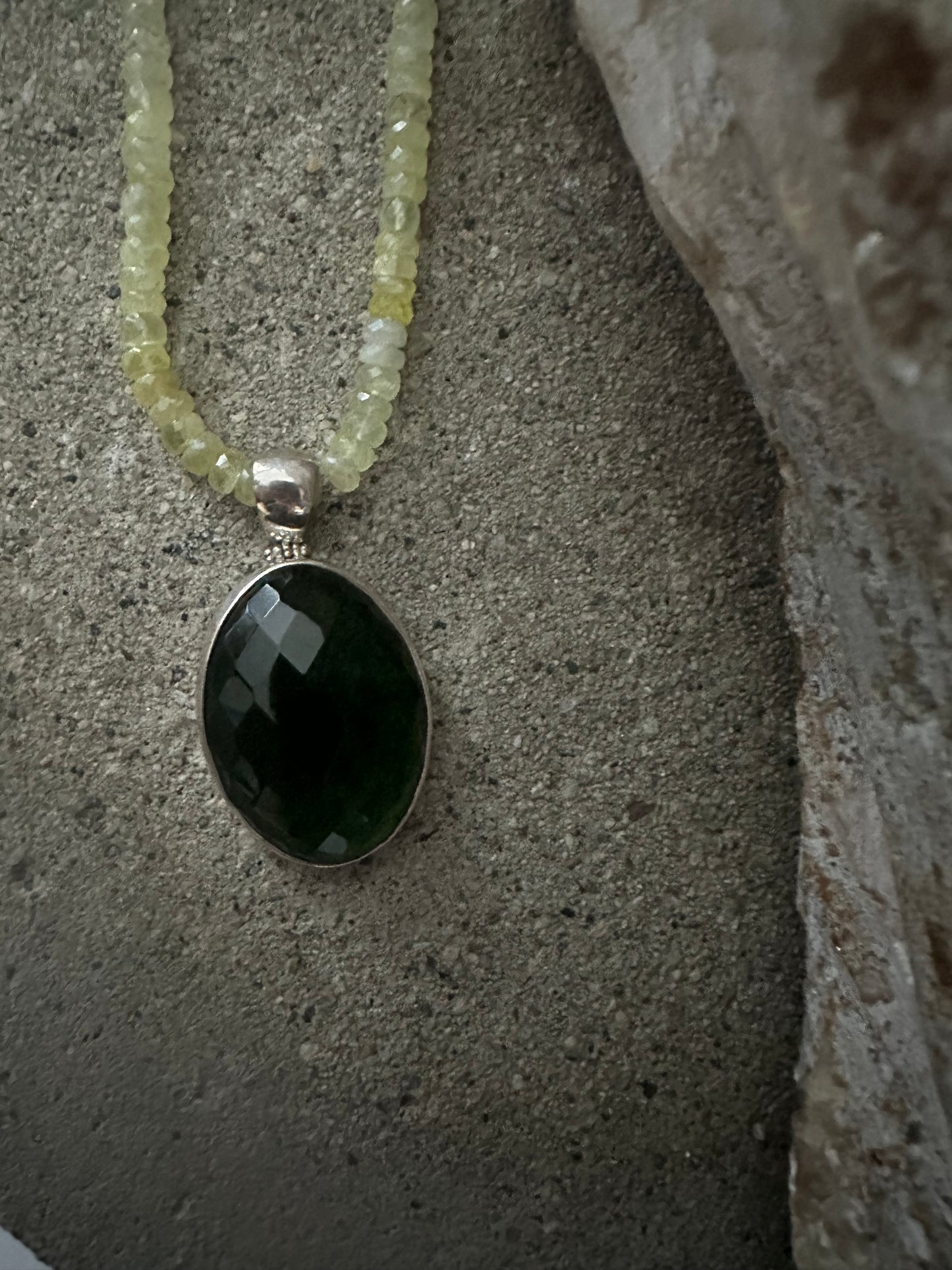 Big Dark Green Obsidian Oval with Prehnite Beaded Sterling Silver Necklace
