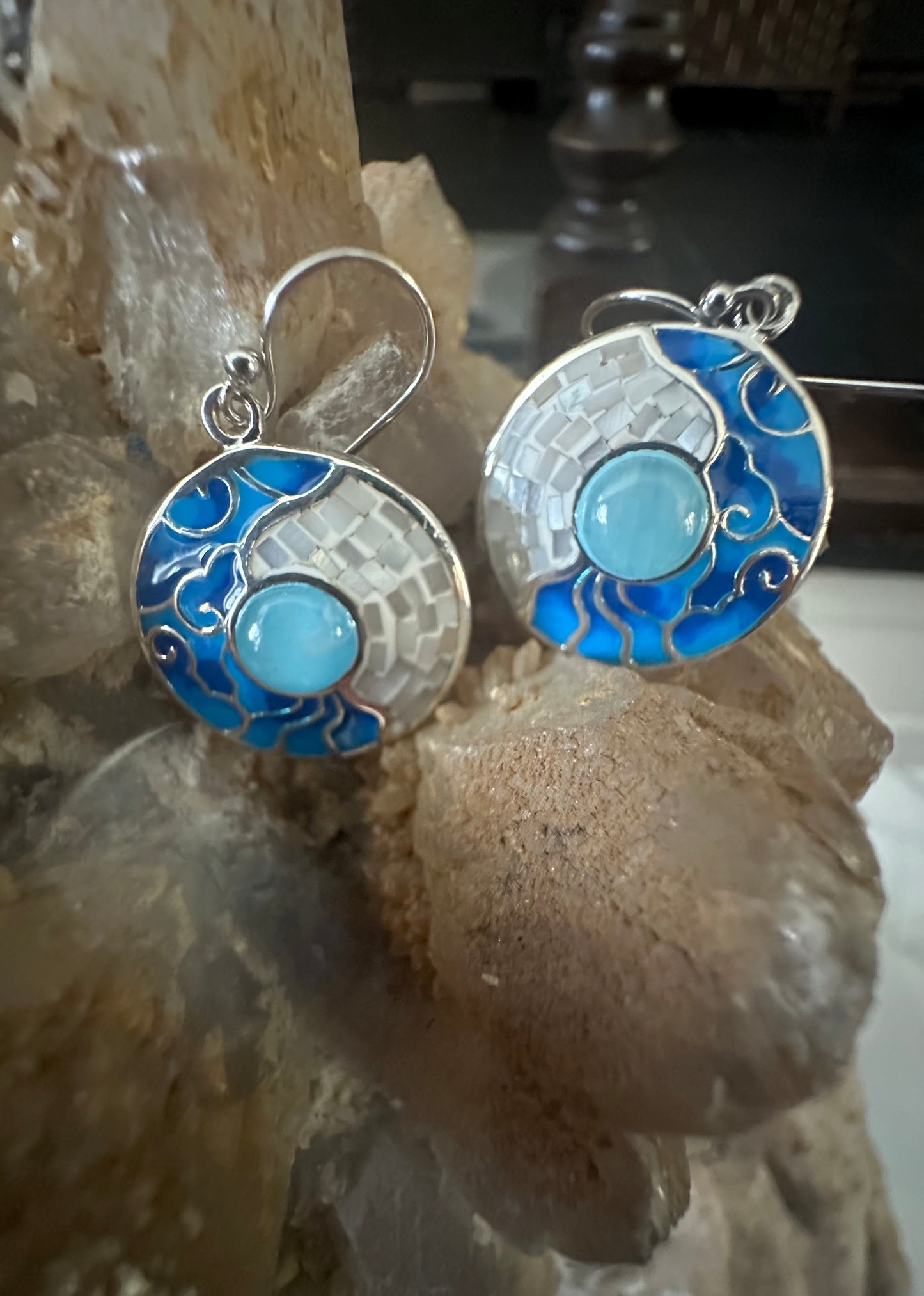 Blue and White Mosaic with Aquamarine Sterling Silver with Rhodium Plating Earrings